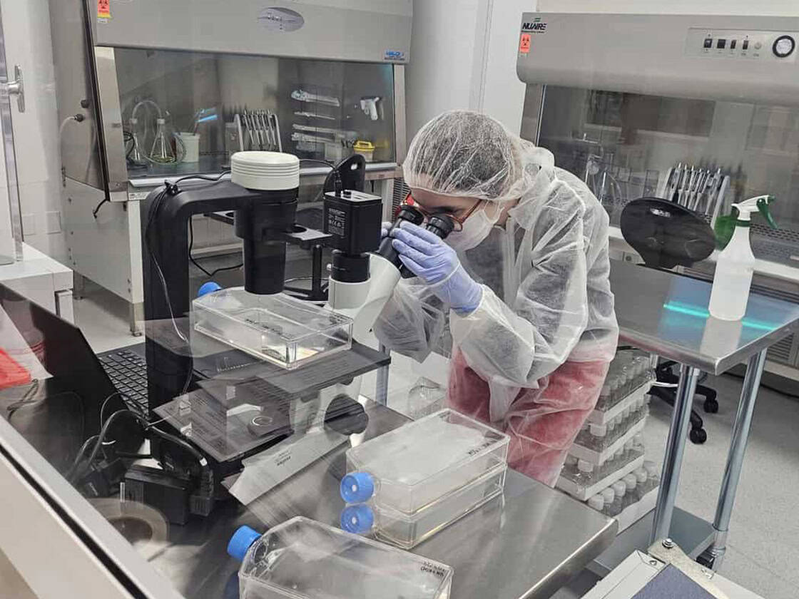 A person in protective lab clothing looks through a microscope in a laboratory, surrounded by scientific equipment, glassware, and containers, conducting dynamic stem cell therapy research.