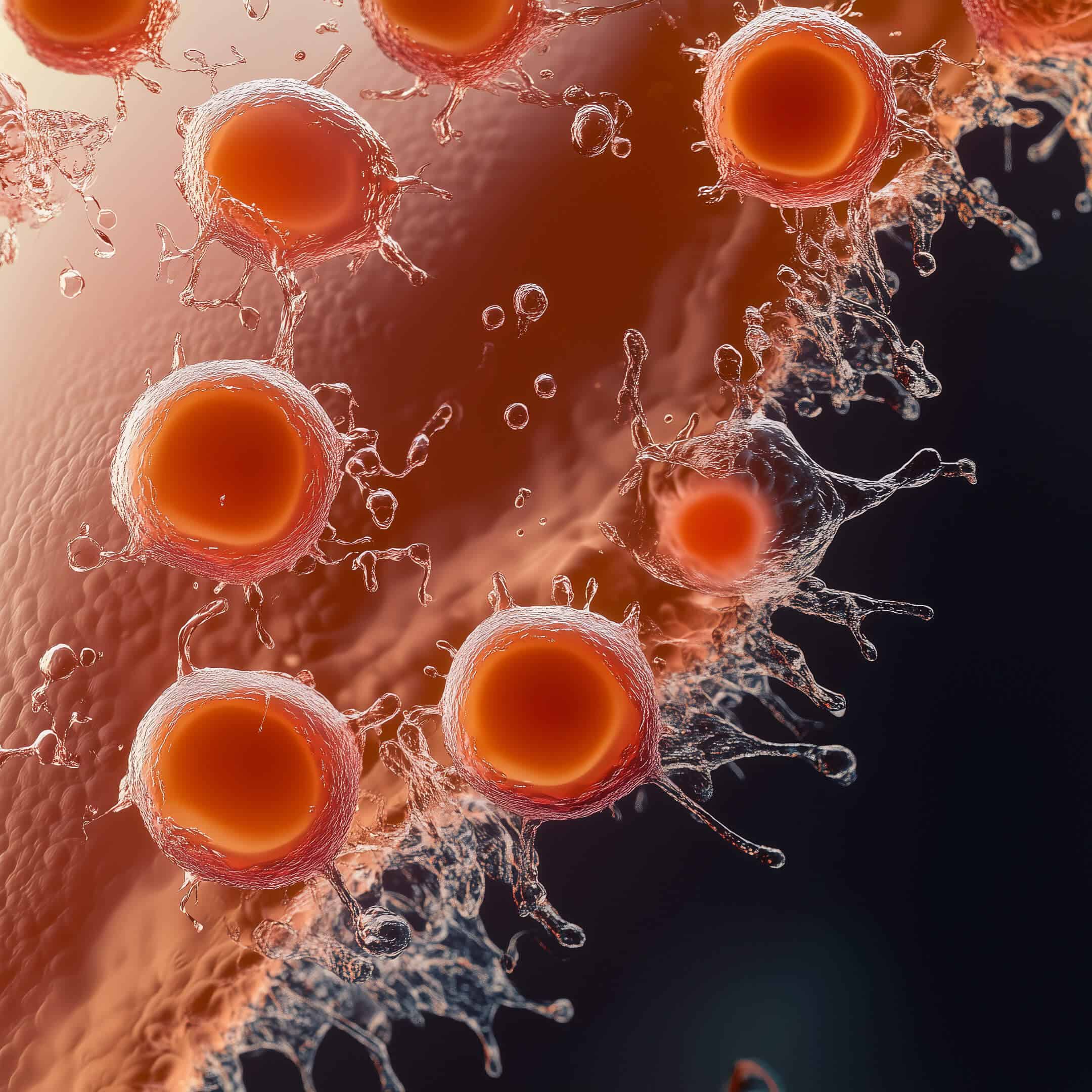 Close-up image of red, spherical cells with fluid extensions against a dark background, resembling biological or microscopic structures and often associated with inquiries like "What is PRP?