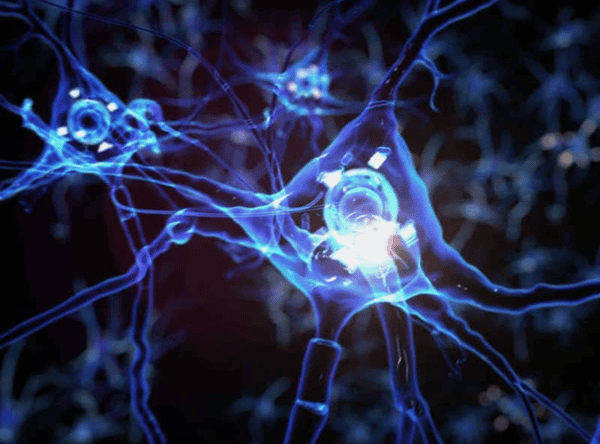 Close-up illustration of blue, glowing neural connections and abstract digital elements representing neurons and technology interaction in a network. Close-up illustration of blue, glowing neural connections and abstract digital elements representing neurons and technology interaction in a network.