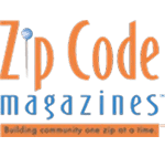 Logo for Zip Code Magazines featuring orange and blue text and the tagline "Building community one zip at a time" below the magazine name. Logo for Zip Code Magazines featuring orange and blue text and the tagline "Building community one zip at a time" below the magazine name.